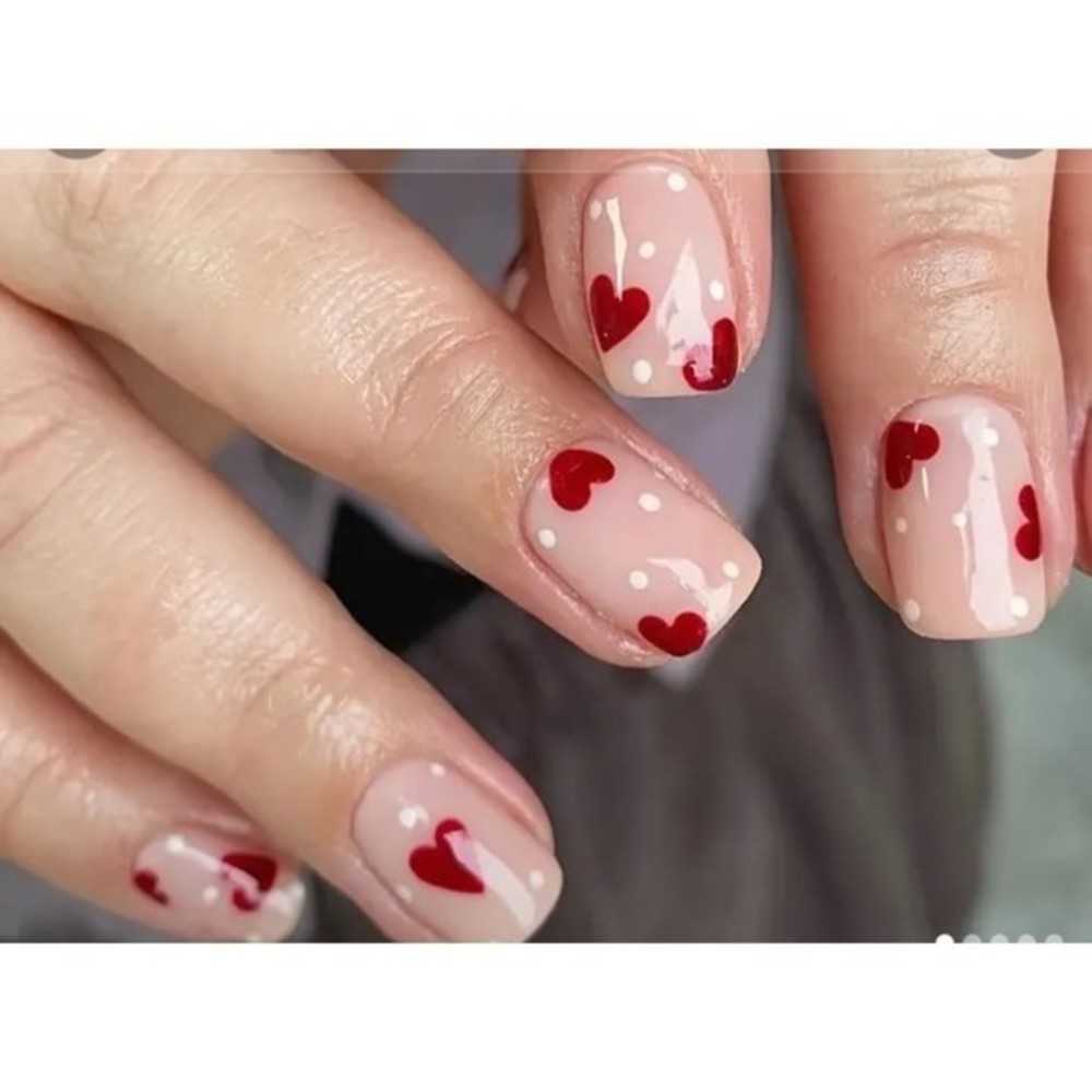 Valentine Style Short Square False Nails by Medusa Nail, Red Hearts & Polka Dots